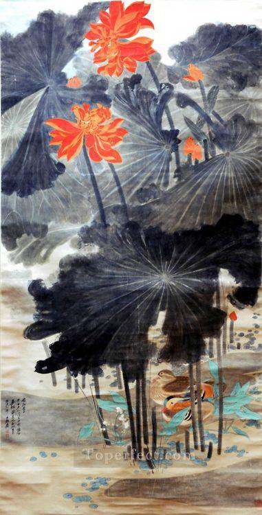 chang dai chien lotus and mandarin ducks 1947 old China ink Oil Paintings